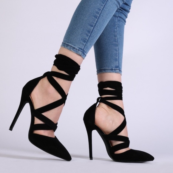 Public Desire Shoes - Public Desire Lace Up Heels Faux Suede / Velvet